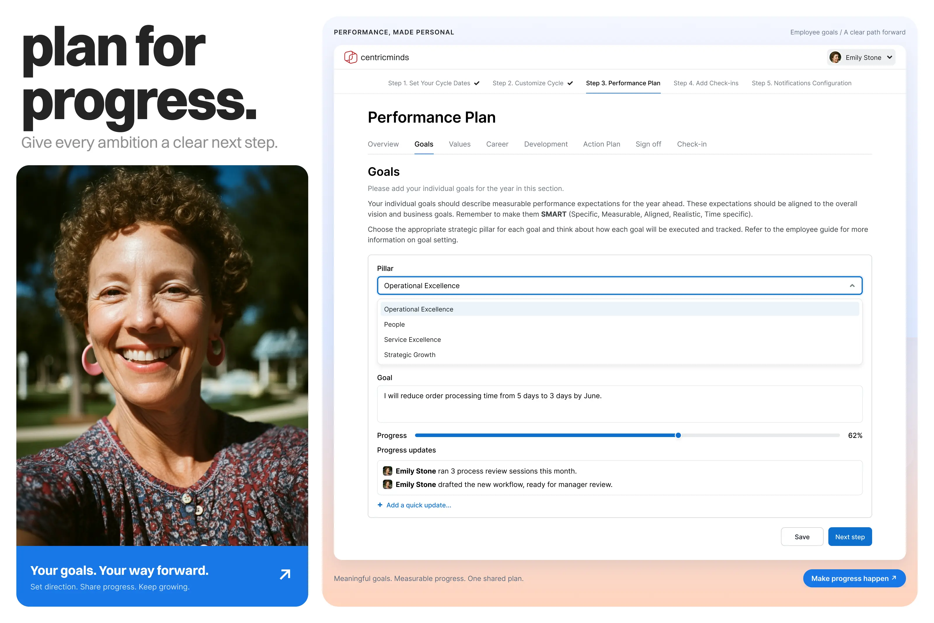 CentricMinds performance plan with sections for goals, values, career and development, showing a goal aligned to a strategic pillar with 62% progress and two progress updates.