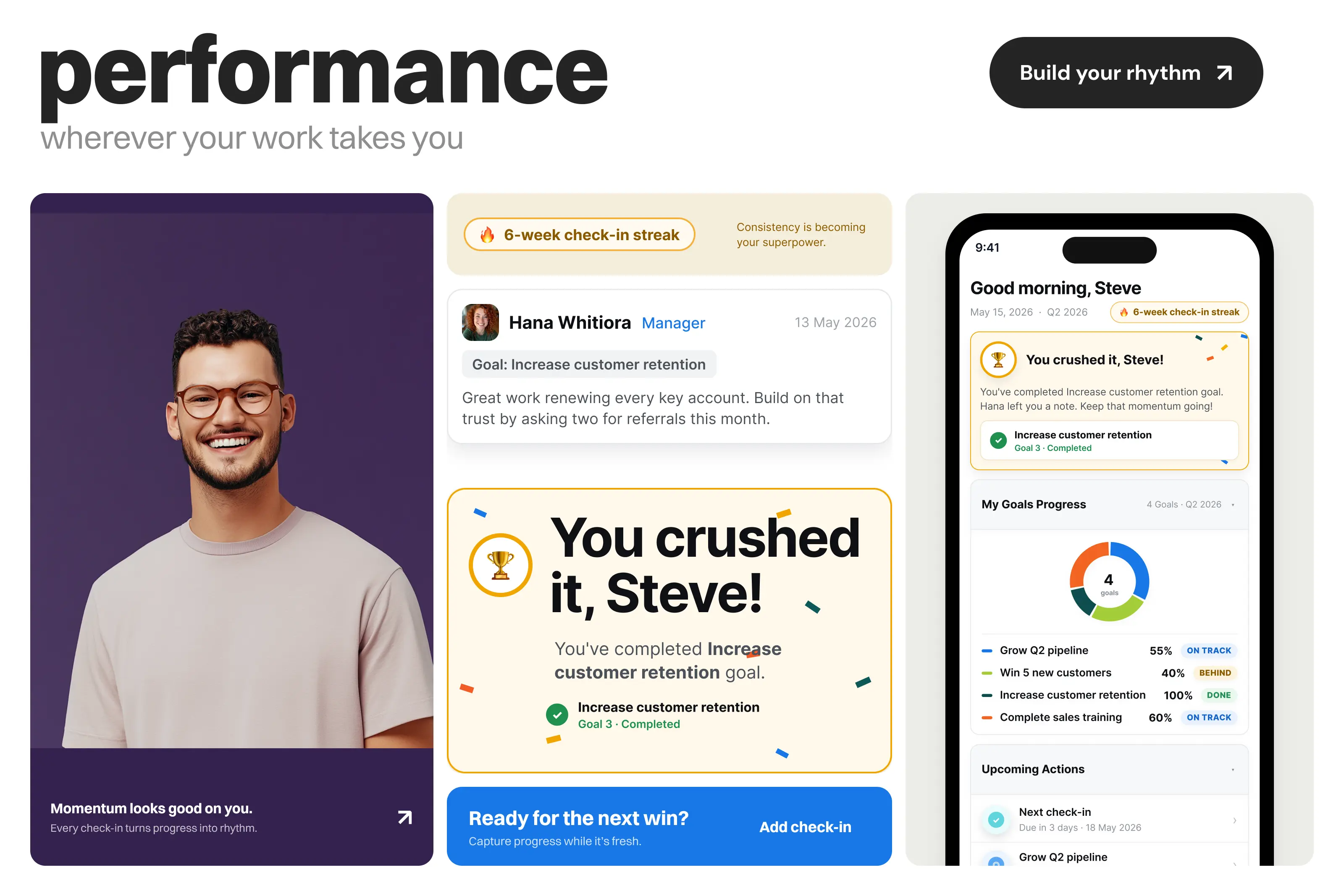 CentricMinds Performance Management on a phone showing an employee's goals progress, a completed goal and a manager's note.