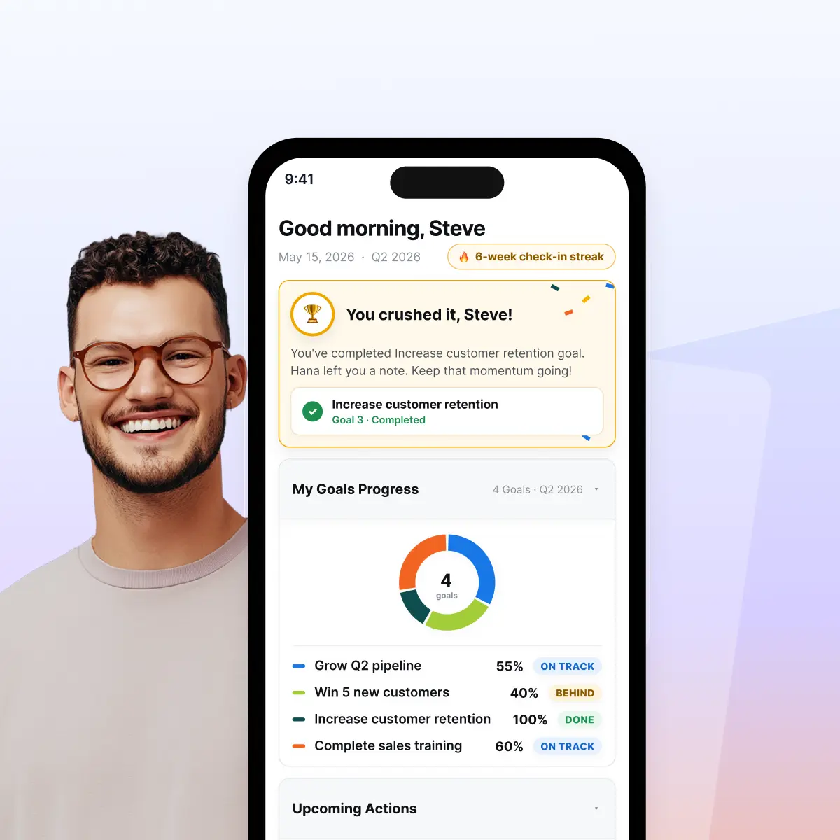 CentricMinds Performance Management on a phone, showing an employee's goals, progress and a completed goal.