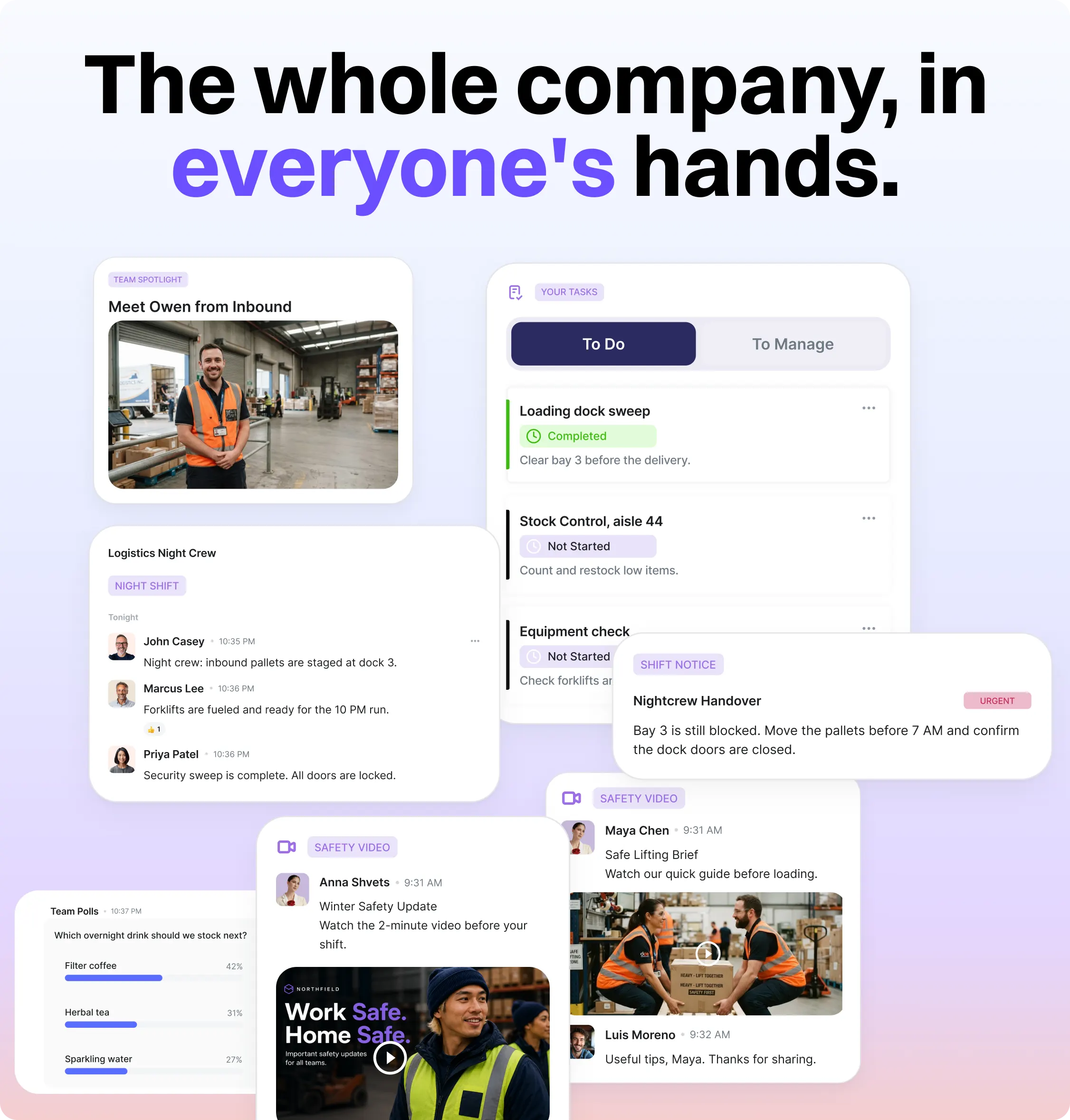 CentricMinds Employee App showing a team spotlight, night shift chat, tasks, an urgent shift notice, safety videos and a team poll.