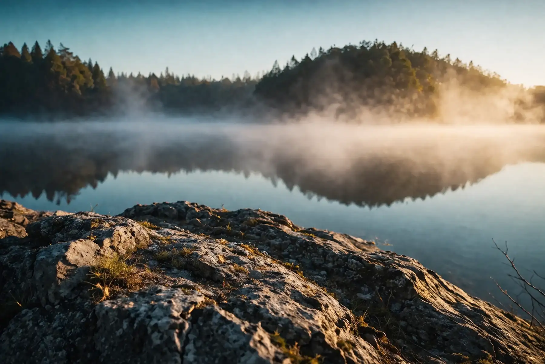Melanie Wörmcke - Persönlichkeitsdiagnostik Motiv - Wasser mit Spiegelung, Wald im Hintergrund und Stein im Vordergrund