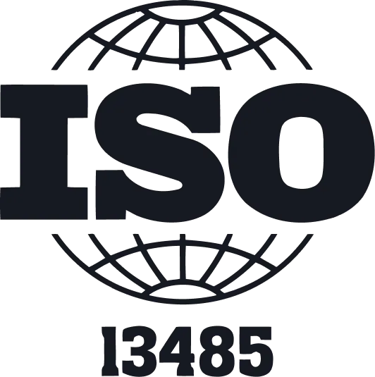 ISO certification symbol with globe grid and text 'ISO 13485'.