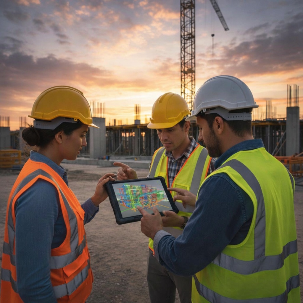 Construction workers use BIM drawings on site