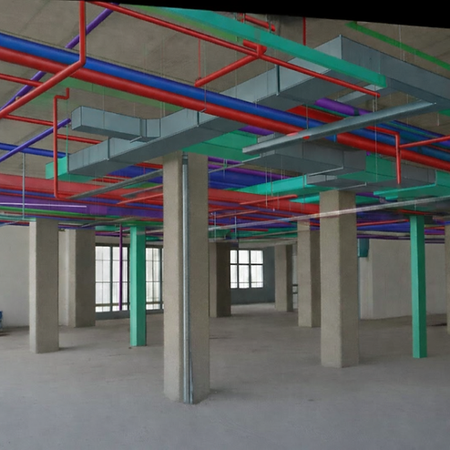 3D BIM model showing color-coded MEP systems including red fire protection, teal HVAC ductwork, and purple electrical conduit coordinated in a commercial building ceiling space