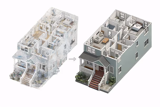 Two 3D house models side by side; left is pixelated and sketchy, right is detailed and colored. An arrow points from left to right.