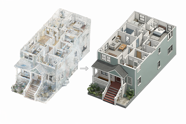 Two 3D house models side by side; left is pixelated and sketchy, right is detailed and colored. An arrow points from left to right.