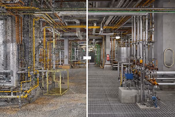 Split image of a factory interior: left shows a digital 3D point cloud, right displays a clear, detailed mechanical room with pipes and valves.