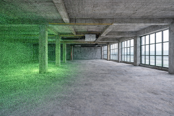 Empty industrial space with concrete columns and large windows on the right. Green digital grid covers the left, creating a futuristic feel.