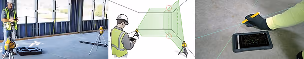 Construction site with a man using a laser level next to a blueprint. Gloved hand marking floor, tablet displaying plans nearby.