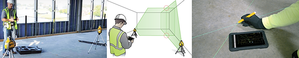 Construction site with a man using a laser level next to a blueprint. Gloved hand marking floor, tablet displaying plans nearby.
