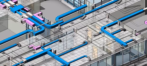 3D model of a building's HVAC system with blue and pink ducts. Visible glass windows and grid floors. Technical and structured.