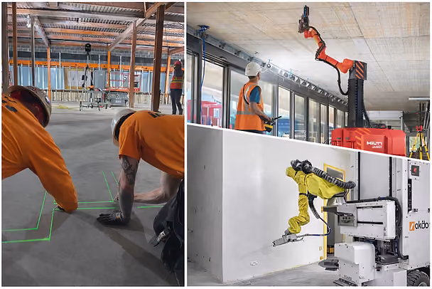 Workers in orange gear mark a floor with green lines. Nearby, robots assist in construction, one drilling a ceiling, another on a wall. Construction robotics exampls