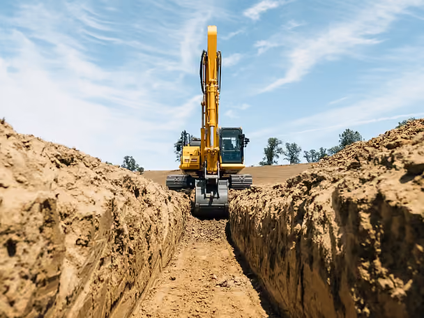 A yellow excavator digs a trench in a dusty field under a blue sky, with trees in the background, conveying industriousness and progress.
