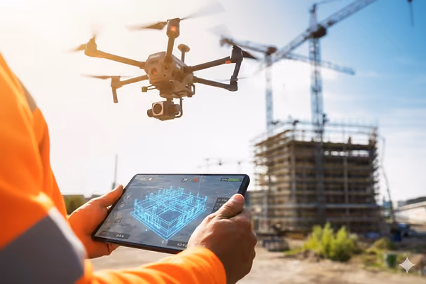 A person in an orange jacket controls a flying drone using a tablet. A building under construction with cranes is in the background.