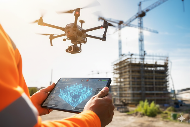 A person in an orange jacket controls a flying drone using a tablet. A building under construction with cranes is in the background.