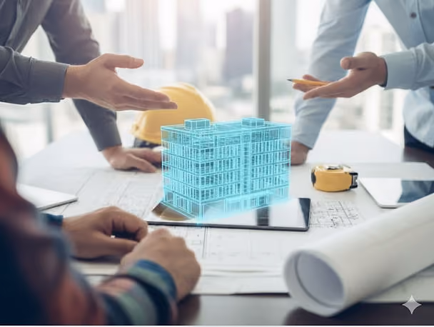 Three people in office discuss architectural plans with a holographic building model on tablet. Hard hat and blueprints on table.