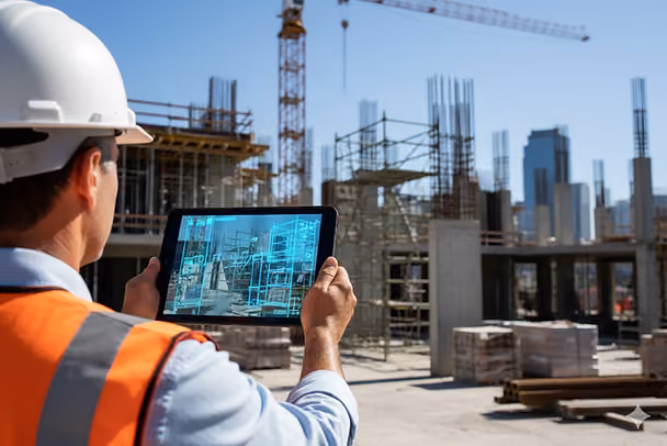 A construction worker in a hard hat and orange vest holds a tablet showing digital blueprints at a building site with cranes and scaffolding.