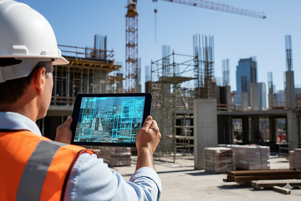 A construction worker in a hard hat and orange vest holds a tablet showing digital blueprints at a building site with cranes and scaffolding.
