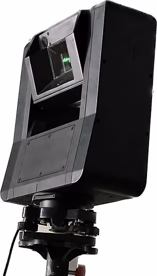 LightYX BeamerOne laser projection device mounted on a tripod head for digital construction layout, showing projector lens and motorized rotating base