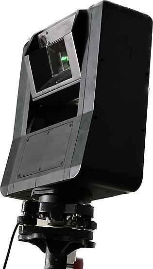 LightYX BeamerOne laser projection device mounted on a tripod head for digital construction layout, showing projector lens and motorized rotating base