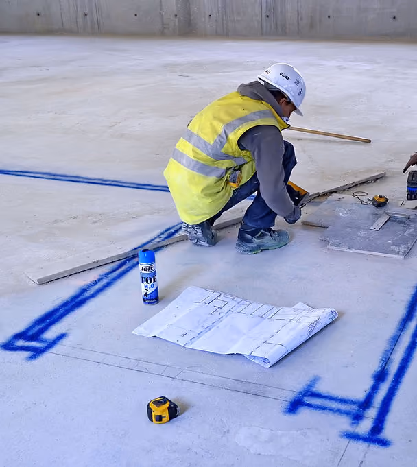Construction worker manually marking drywall framing layout lines on a concrete floor using spray paint, with printed floor plans and tape measure beside him
