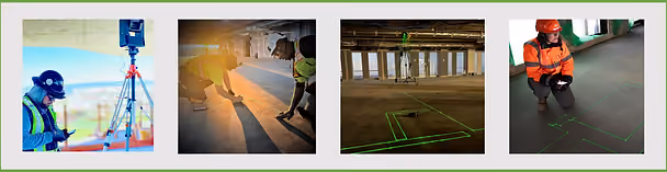 Construction workers use tools and technology in a bright, industrial setting. Green laser lines highlight precise measurements.