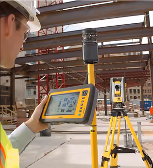 Worker in a hard hat operates a yellow surveying device on a construction site, surrounded by steel beams. The device displays a digital interface.