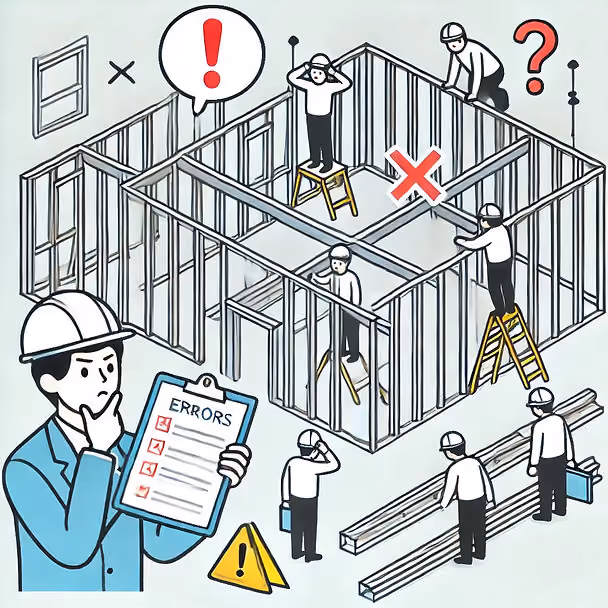 Indoor metal stud framing installation on a commercial construction site illustrating common rework causes including layout errors and trade coordination failures