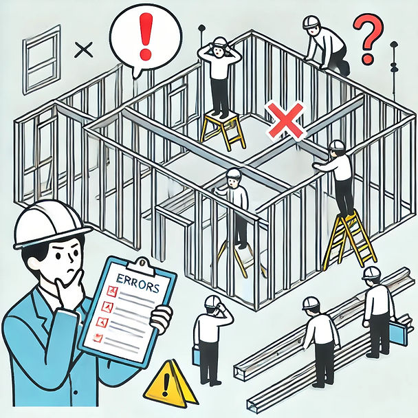 Indoor metal stud framing installation on a commercial construction site illustrating common rework causes including layout errors and trade coordination failures