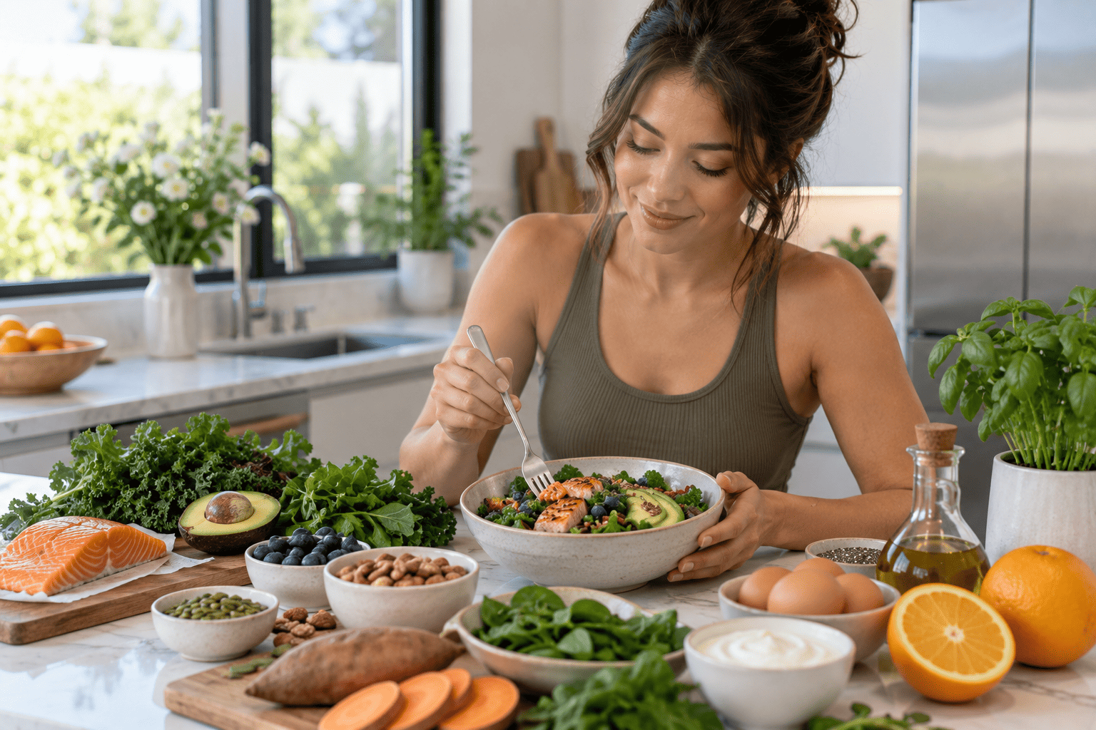 Fresh collagen producing food including berries, salmon, and leafy greens on a wooden table
