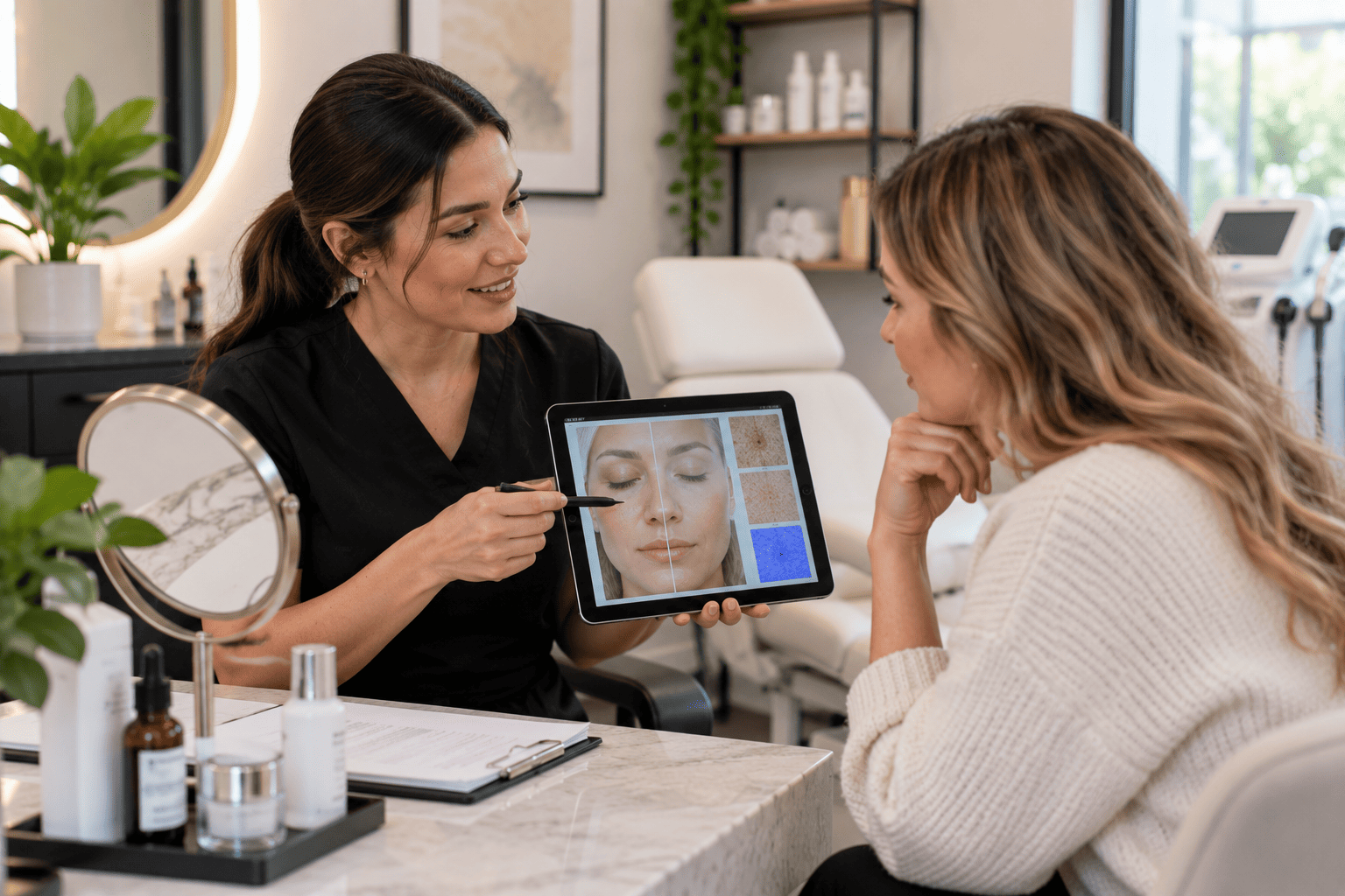 Esthetician performing a personalized skin treatment consultation at a Greensboro, NC med spa