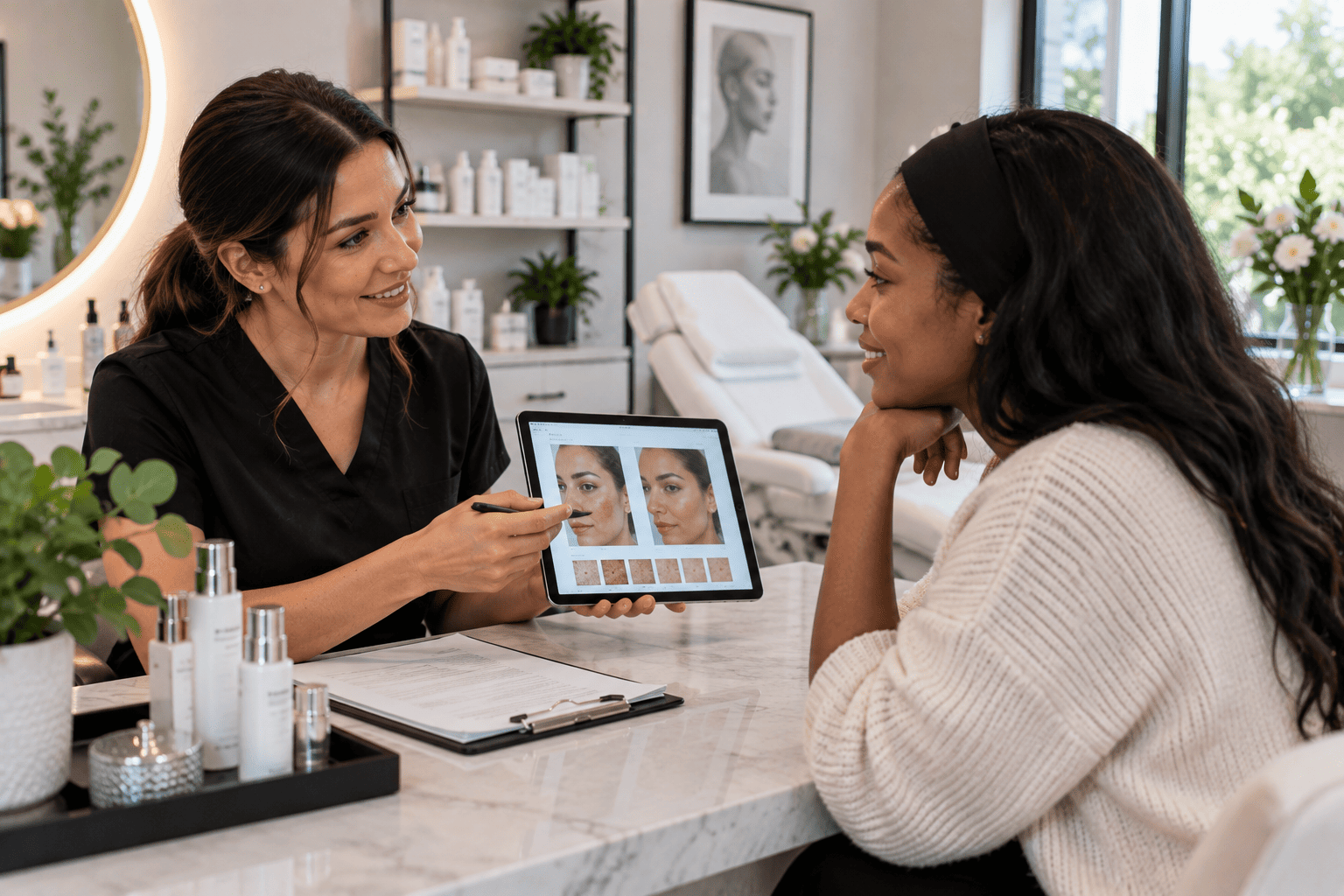 Licensed esthetician consulting with a client at a skin care clinic in Greensboro, NC