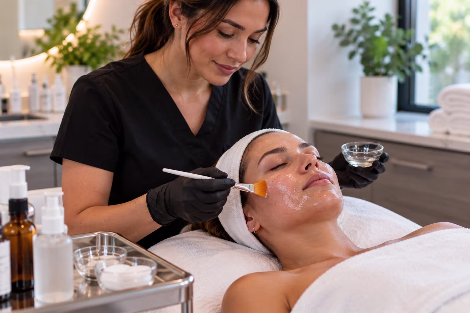 Esthetician applying a chemical peel treatment to a client's face at a medspa in Greensboro, North Carolina