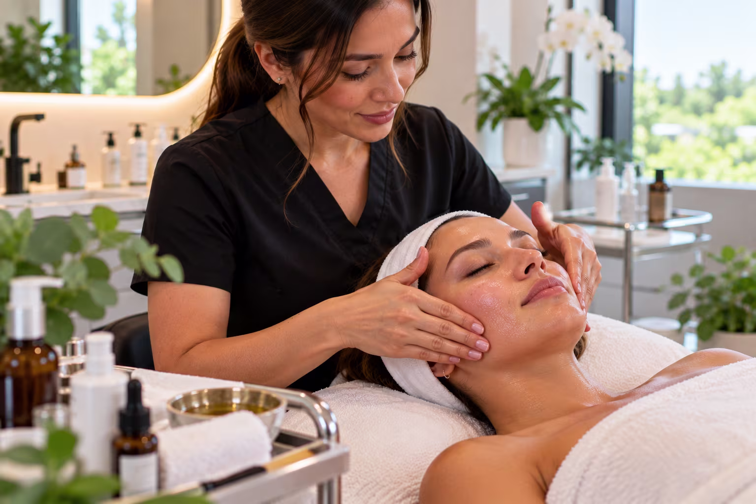 Client receiving facial therapy treatment with LED light therapy at a medspa in Greensboro, North Carolina