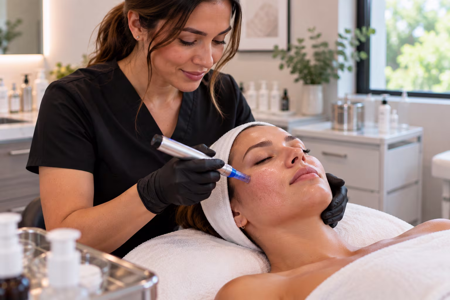 Provider performing a microneedling treatment on a client's cheek at a medspa in Greensboro, North Carolina