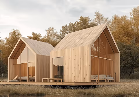 Two modern wooden cabin-style houses with large glass windows set in a natural, wooded area with a gray sky.