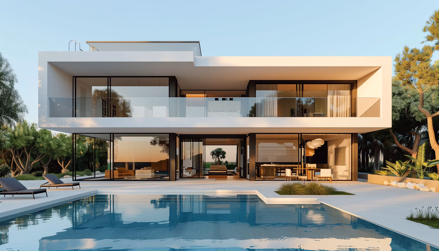 Modern two-story house with large glass windows and balconies overlooking a rectangular swimming pool surrounded by lounge chairs and greenery.