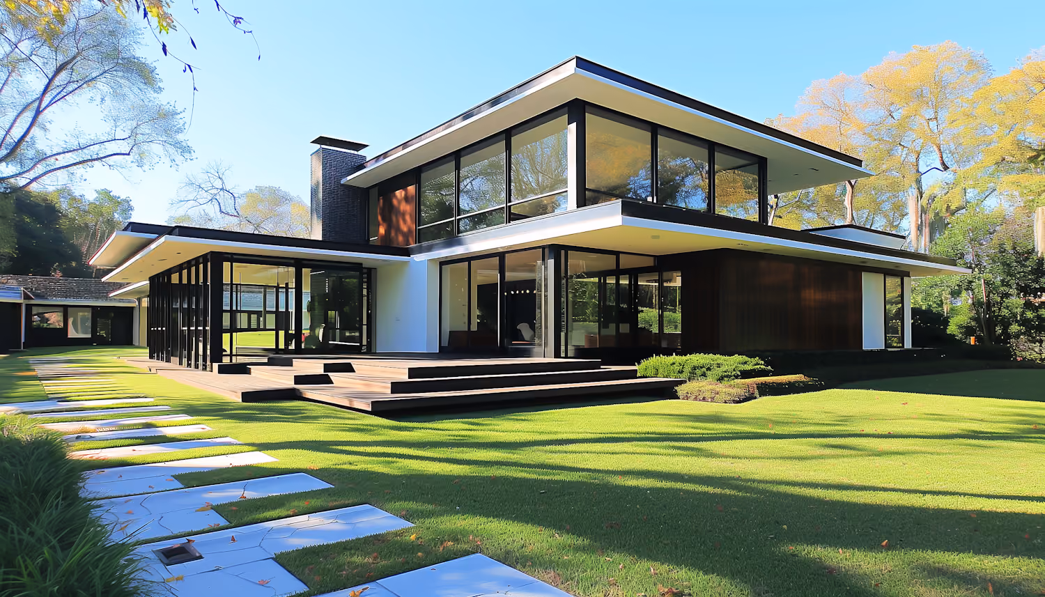 Modern two-story house with large glass windows, white and wooden exterior, surrounded by green lawn and trees under a clear blue sky.