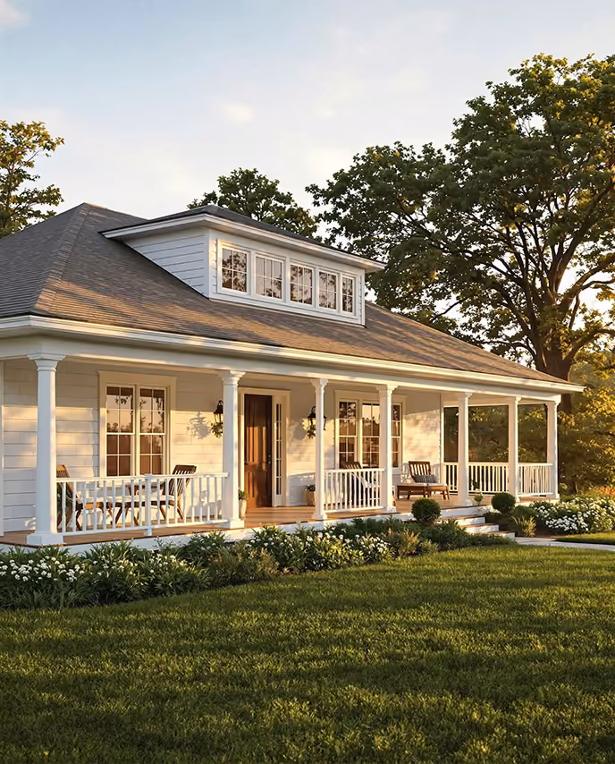 White single-story house with a gray roof, large front porch with white columns and railing, wooden chairs, surrounded by green lawn and trees in the background.