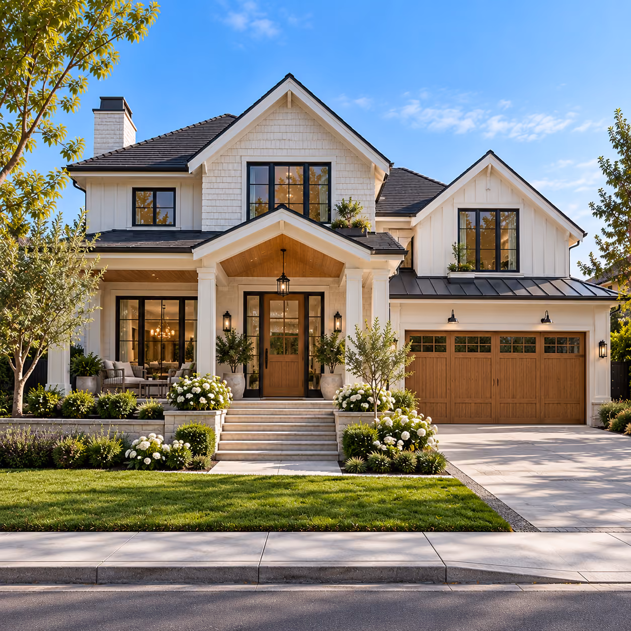 Modern two-story house with large windows, wooden shutters, and green landscaping under a clear sky.