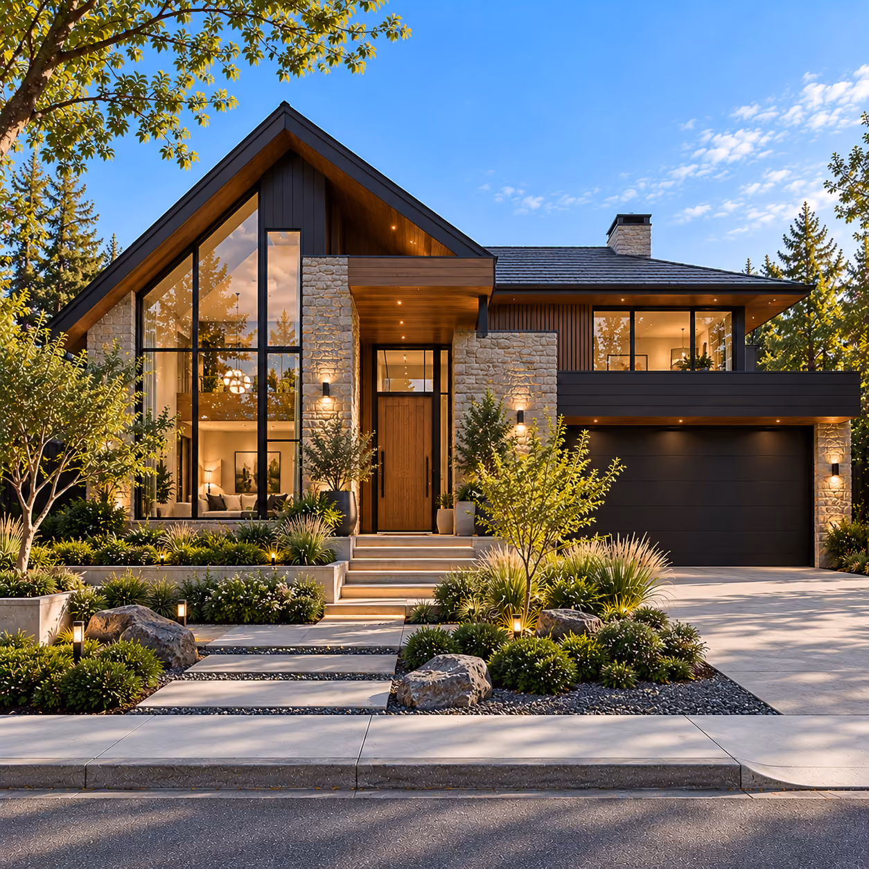 Modern two-story house with large glass windows, light green exterior wall, and lush surrounding plants under clear sky.