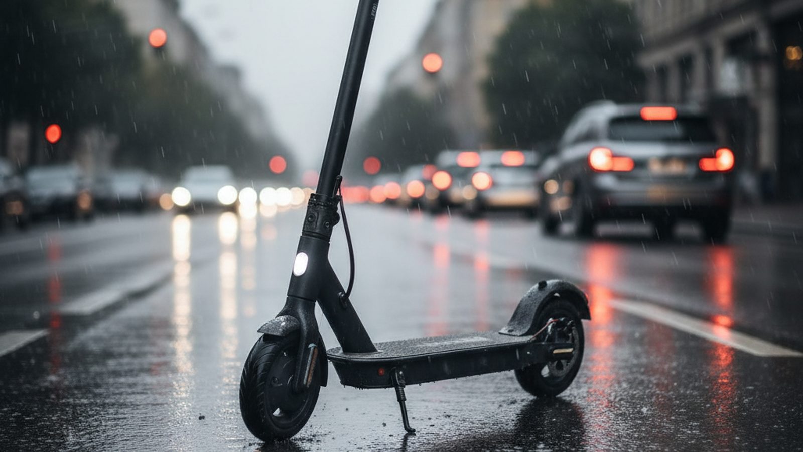 E-Scooter auf nasser Stadtstraße mit unscharfem Verkehr im Hintergrund