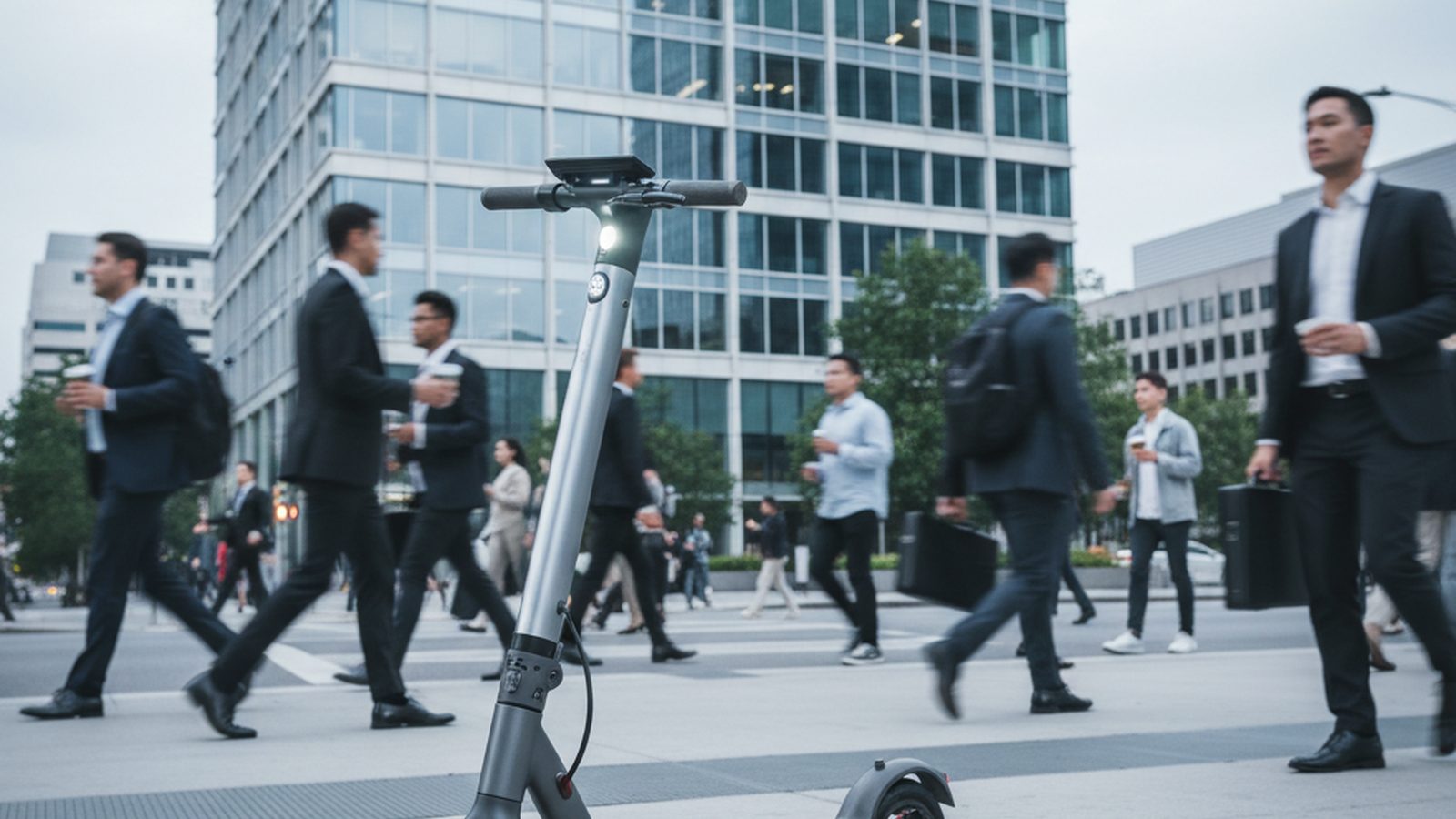 E-Scooter vor einem modernen Bürogebäude mit Pendlern im Hintergrund