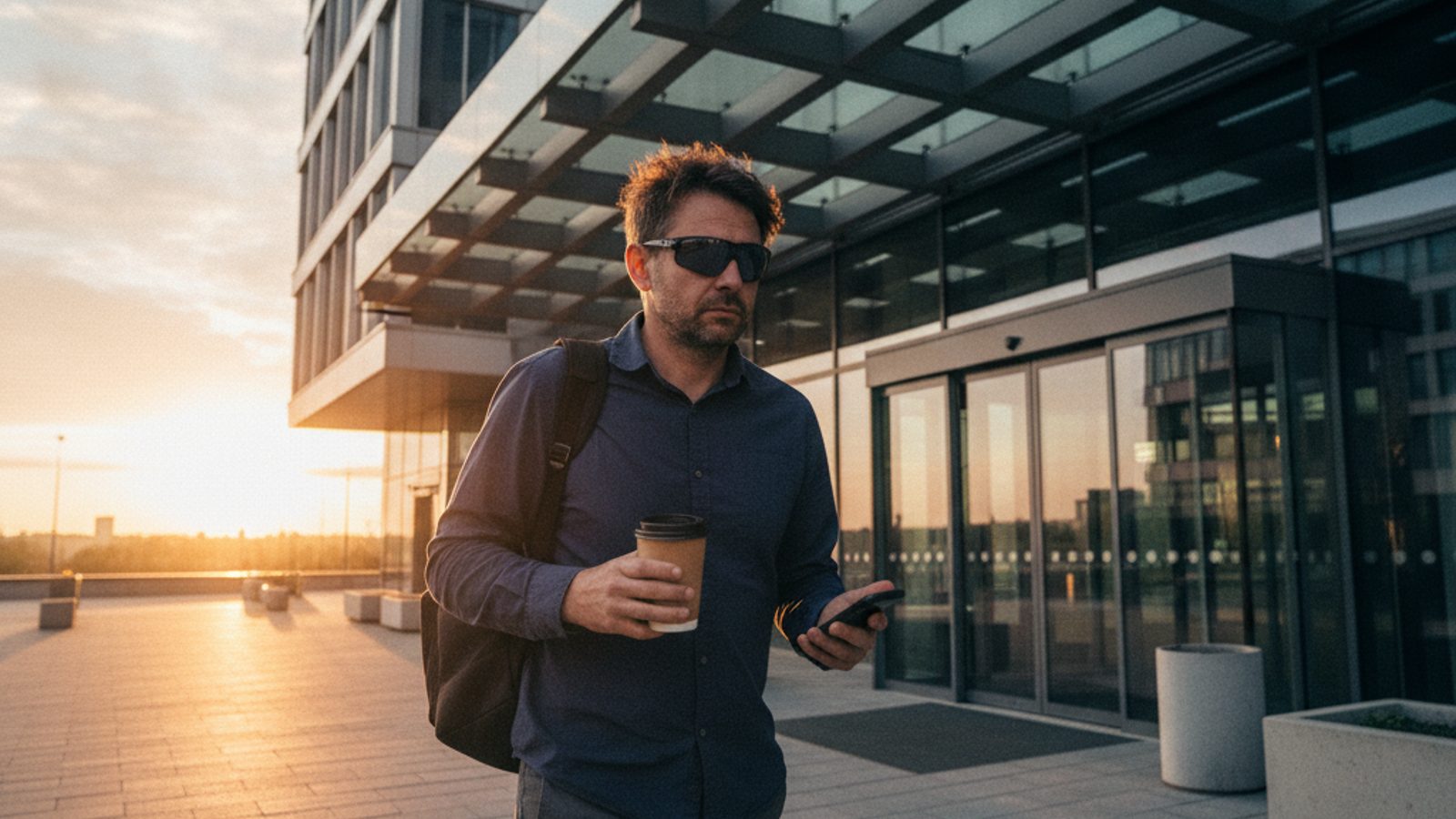 Nachtschichtarbeiter mit dunkler Sonnenbrille auf dem morgendlichen Heimweg