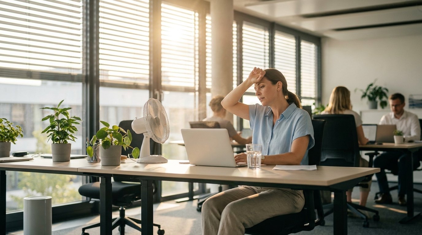 Büroangestellte an einem heißen Sommertag am Schreibtisch mit Ventilator und Wasserglas, Sonnenlicht durch Jalousien