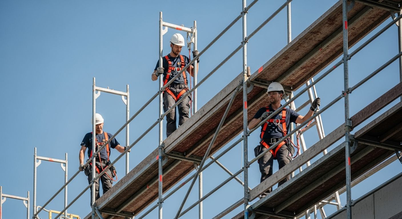Absturzsicherung auf der Baustelle: Arbeiter mit PSA gegen Absturz