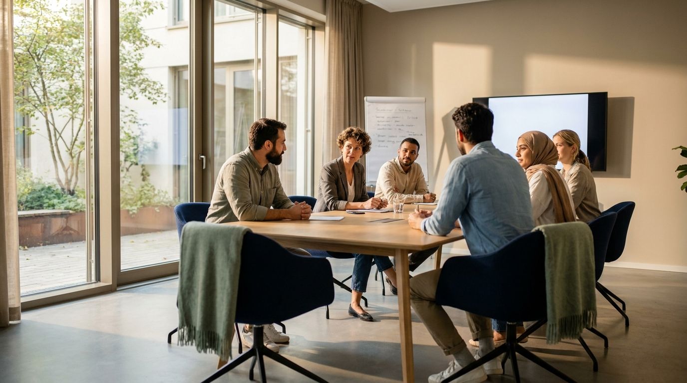 Beschäftigte und eine Führungskraft besprechen in einem hellen Besprechungsraum ihre Arbeitsbedingungen