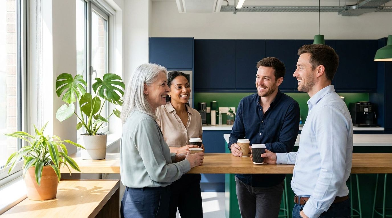 Kolleginnen und Kollegen im entspannten Gespräch in der Kaffeeküche