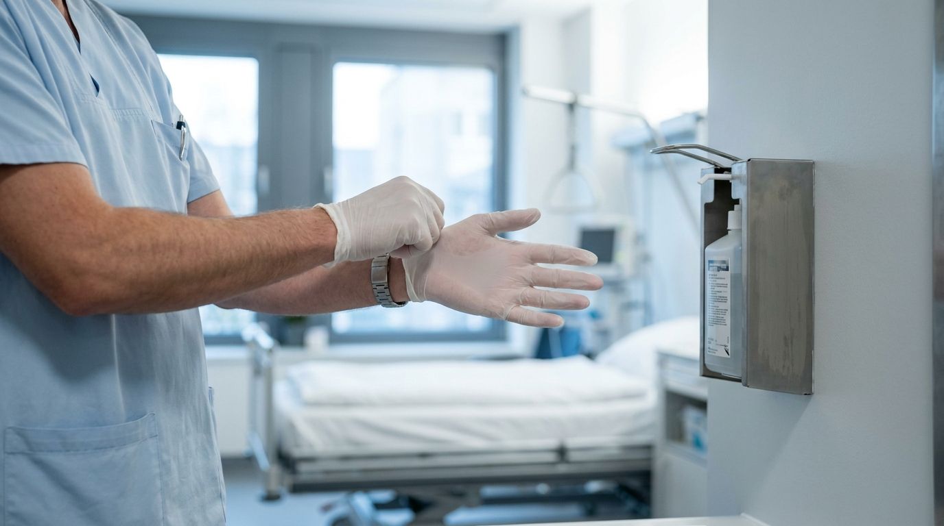 Pflegekraft zieht in der Klinik Schutzhandschuhe an, daneben ein Desinfektionsmittelspender