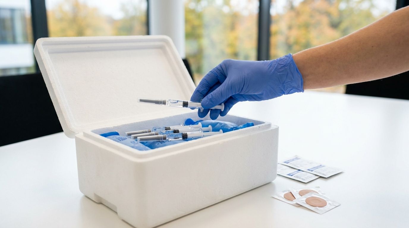Grippeimpfstoff in Fertigspritzen in einer Kühlbox bei einer betrieblichen Impfaktion